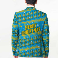 Rwanda Christmas Blazer with Blue-Yellow Pattern, Festive Geometric Motifs, and Bold Typography - Wonder Print Shop