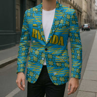Rwanda Christmas Blazer with Blue-Yellow Pattern, Festive Geometric Motifs, and Bold Typography - Wonder Print Shop