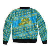 Rwanda Christmas Bomber Jacket with Blue-Yellow Pattern, Festive Geometric Motifs, and Bold Typography - Wonder Print Shop