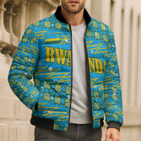 Rwanda Christmas Bomber Puffer Jacket with Blue-Yellow Pattern, Festive Geometric Motifs, and Bold Typography - Wonder Print Shop