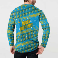 Rwanda Christmas Button Sweatshirt with Blue-Yellow Pattern, Festive Geometric Motifs, and Bold Typography - Wonder Print Shop