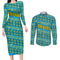 Rwanda Christmas Couples Matching Long Sleeve Bodycon Dress and Long Sleeve Button Shirt with Blue-Yellow Pattern, Festive Geometric Motifs, and Bold Typography - Wonder Print Shop