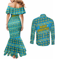 Rwanda Christmas Couples Matching Mermaid Dress and Long Sleeve Button Shirt with Blue-Yellow Pattern, Festive Geometric Motifs, and Bold Typography - Wonder Print Shop