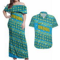 Rwanda Christmas Couples Matching Off Shoulder Maxi Dress and Hawaiian Shirt with Blue-Yellow Pattern, Festive Geometric Motifs, and Bold Typography - Wonder Print Shop