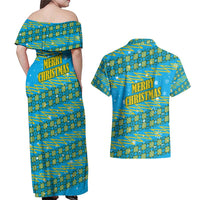 Rwanda Christmas Couples Matching Off Shoulder Maxi Dress and Hawaiian Shirt with Blue-Yellow Pattern, Festive Geometric Motifs, and Bold Typography - Wonder Print Shop