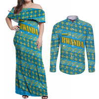 Rwanda Christmas Couples Matching Off Shoulder Maxi Dress and Long Sleeve Button Shirt with Blue-Yellow Pattern, Festive Geometric Motifs, and Bold Typography - Wonder Print Shop