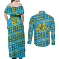 Rwanda Christmas Couples Matching Off Shoulder Maxi Dress and Long Sleeve Button Shirt with Blue-Yellow Pattern, Festive Geometric Motifs, and Bold Typography - Wonder Print Shop