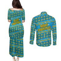 Rwanda Christmas Couples Matching Puletasi and Long Sleeve Button Shirt with Blue-Yellow Pattern, Festive Geometric Motifs, and Bold Typography - Wonder Print Shop