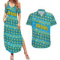 Rwanda Christmas Couples Matching Summer Maxi Dress and Hawaiian Shirt with Blue-Yellow Pattern, Festive Geometric Motifs, and Bold Typography - Wonder Print Shop