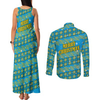 Rwanda Christmas Couples Matching Tank Maxi Dress and Long Sleeve Button Shirt with Blue-Yellow Pattern, Festive Geometric Motifs, and Bold Typography - Wonder Print Shop