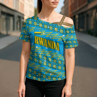 Rwanda Christmas Cross Shoulder Shirt with Blue-Yellow Pattern, Festive Geometric Motifs, and Bold Typography - Wonder Print Shop