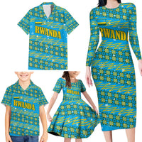 Rwanda Christmas Family Matching Long Sleeve Bodycon Dress and Hawaiian Shirt with Blue-Yellow Pattern, Festive Geometric Motifs, and Bold Typography - Wonder Print Shop