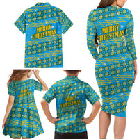 Rwanda Christmas Family Matching Long Sleeve Bodycon Dress and Hawaiian Shirt with Blue-Yellow Pattern, Festive Geometric Motifs, and Bold Typography - Wonder Print Shop
