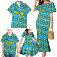 Rwanda Christmas Family Matching Mermaid Dress and Hawaiian Shirt with Blue-Yellow Pattern, Festive Geometric Motifs, and Bold Typography - Wonder Print Shop