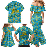 Rwanda Christmas Family Matching Mermaid Dress and Hawaiian Shirt with Blue-Yellow Pattern, Festive Geometric Motifs, and Bold Typography - Wonder Print Shop