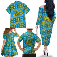 Rwanda Christmas Family Matching Off The Shoulder Long Sleeve Dress and Hawaiian Shirt with Blue-Yellow Pattern, Festive Geometric Motifs, and Bold Typography - Wonder Print Shop