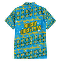 Rwanda Christmas Family Matching Off The Shoulder Long Sleeve Dress and Hawaiian Shirt with Blue-Yellow Pattern, Festive Geometric Motifs, and Bold Typography - Wonder Print Shop
