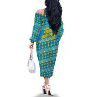 Rwanda Christmas Family Matching Off The Shoulder Long Sleeve Dress and Hawaiian Shirt with Blue-Yellow Pattern, Festive Geometric Motifs, and Bold Typography - Wonder Print Shop