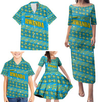 Rwanda Christmas Family Matching Puletasi and Hawaiian Shirt with Blue-Yellow Pattern, Festive Geometric Motifs, and Bold Typography - Wonder Print Shop