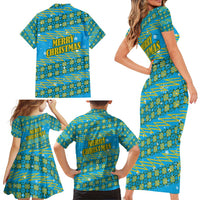 Rwanda Christmas Family Matching Short Sleeve Bodycon Dress and Hawaiian Shirt with Blue-Yellow Pattern, Festive Geometric Motifs, and Bold Typography - Wonder Print Shop