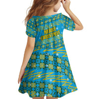 Rwanda Christmas Family Matching Summer Maxi Dress and Hawaiian Shirt with Blue-Yellow Pattern, Festive Geometric Motifs, and Bold Typography - Wonder Print Shop