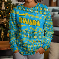 Rwanda Christmas Kid Ugly Christmas Sweater with Blue-Yellow Pattern, Festive Geometric Motifs, and Bold Typography - Wonder Print Shop