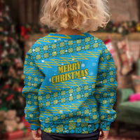 Rwanda Christmas Kid Ugly Christmas Sweater with Blue-Yellow Pattern, Festive Geometric Motifs, and Bold Typography - Wonder Print Shop