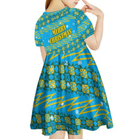 Rwanda Christmas Kid Short Sleeve Dress with Blue-Yellow Pattern, Festive Geometric Motifs, and Bold Typography - Wonder Print Shop