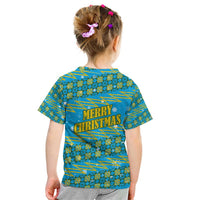 Rwanda Christmas Kid T Shirt with Blue-Yellow Pattern, Festive Geometric Motifs, and Bold Typography - Wonder Print Shop