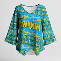 Rwanda Christmas Kimono Sleeve Blouse with Blue-Yellow Pattern, Festive Geometric Motifs, and Bold Typography - Wonder Print Shop