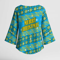 Rwanda Christmas Kimono Sleeve Blouse with Blue-Yellow Pattern, Festive Geometric Motifs, and Bold Typography - Wonder Print Shop