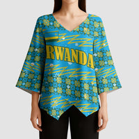 Rwanda Christmas Kimono Sleeve Blouse with Blue-Yellow Pattern, Festive Geometric Motifs, and Bold Typography - Wonder Print Shop