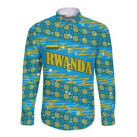 Rwanda Christmas Long Sleeve Button Shirt with Blue-Yellow Pattern, Festive Geometric Motifs, and Bold Typography - Wonder Print Shop