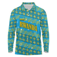 Rwanda Christmas Long Sleeve Polo Shirt with Blue-Yellow Pattern, Festive Geometric Motifs, and Bold Typography - Wonder Print Shop