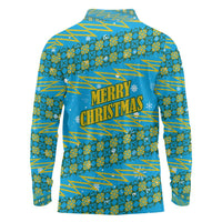 Rwanda Christmas Long Sleeve Polo Shirt with Blue-Yellow Pattern, Festive Geometric Motifs, and Bold Typography - Wonder Print Shop