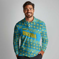 Rwanda Christmas Long Sleeve Polo Shirt with Blue-Yellow Pattern, Festive Geometric Motifs, and Bold Typography - Wonder Print Shop