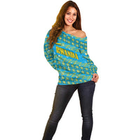 Rwanda Christmas Off Shoulder Sweater with Blue-Yellow Pattern, Festive Geometric Motifs, and Bold Typography - Wonder Print Shop