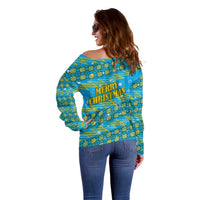 Rwanda Christmas Off Shoulder Sweater with Blue-Yellow Pattern, Festive Geometric Motifs, and Bold Typography - Wonder Print Shop