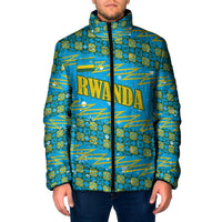 Rwanda Christmas Padded Jacket with Blue-Yellow Pattern, Festive Geometric Motifs, and Bold Typography - Wonder Print Shop