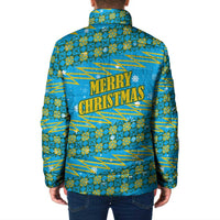 Rwanda Christmas Padded Jacket with Blue-Yellow Pattern, Festive Geometric Motifs, and Bold Typography - Wonder Print Shop