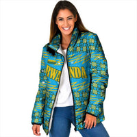 Rwanda Christmas Padded Jacket with Blue-Yellow Pattern, Festive Geometric Motifs, and Bold Typography - Wonder Print Shop