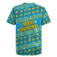 Rwanda Christmas Rugby Jersey with Blue-Yellow Pattern, Festive Geometric Motifs, and Bold Typography - Wonder Print Shop