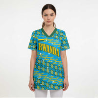 Rwanda Christmas Scrub Top with Blue-Yellow Pattern, Festive Geometric Motifs, and Bold Typography - Wonder Print Shop
