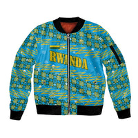 Rwanda Christmas Sleeve Zip Bomber Jacket with Blue-Yellow Pattern, Festive Geometric Motifs, and Bold Typography - Wonder Print Shop