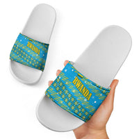 Rwanda Christmas Slide Sandals with Blue-Yellow Pattern, Festive Geometric Motifs, and Bold Typography - Wonder Print Shop