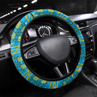 Rwanda Christmas Steering Wheel Cover with Blue-Yellow Pattern, Festive Geometric Motifs, and Bold Typography - Wonder Print Shop