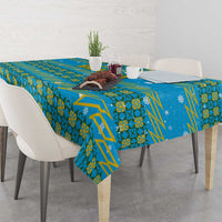 Rwanda Christmas Tablecloth with Blue-Yellow Pattern, Festive Geometric Motifs, and Bold Typography - Wonder Print Shop