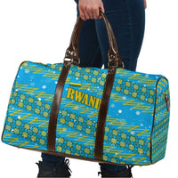 Rwanda Christmas Travel Bag with Blue-Yellow Pattern, Festive Geometric Motifs, and Bold Typography - Wonder Print Shop