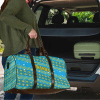 Rwanda Christmas Travel Bag with Blue-Yellow Pattern, Festive Geometric Motifs, and Bold Typography - Wonder Print Shop