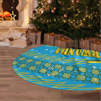 Rwanda Christmas Tree Skirt with Blue-Yellow Pattern, Festive Geometric Motifs, and Bold Typography - Wonder Print Shop